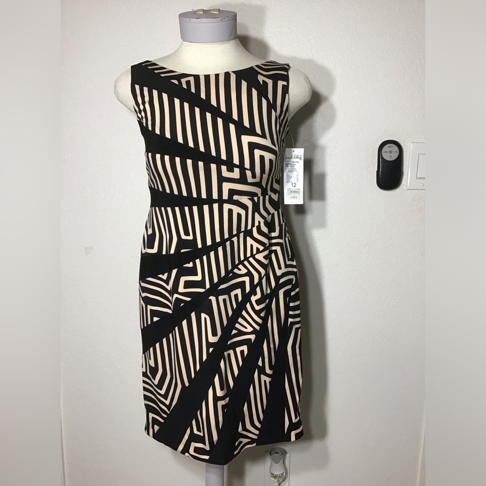 NWT JOSEPH RIBKOFF ABSTRACT BLACK BROWN CUT OUT SLEEVES DRESS SIZE 14